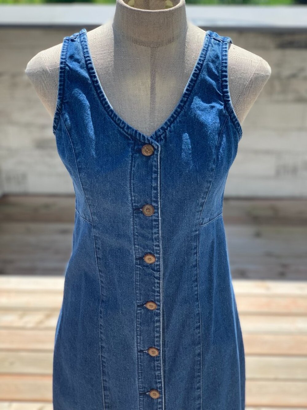 Vtg Denim Maxi Midi Dress 8 Button Front 100% Cotton Cottagecore Modest 90s Boho - Picture 2 of 16